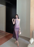 Sultry Purple Gradient Scarf Neck Mesh Maxi Dress