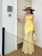 Sunlit Yellow Mesh Panel Mermaid Maxi Dress