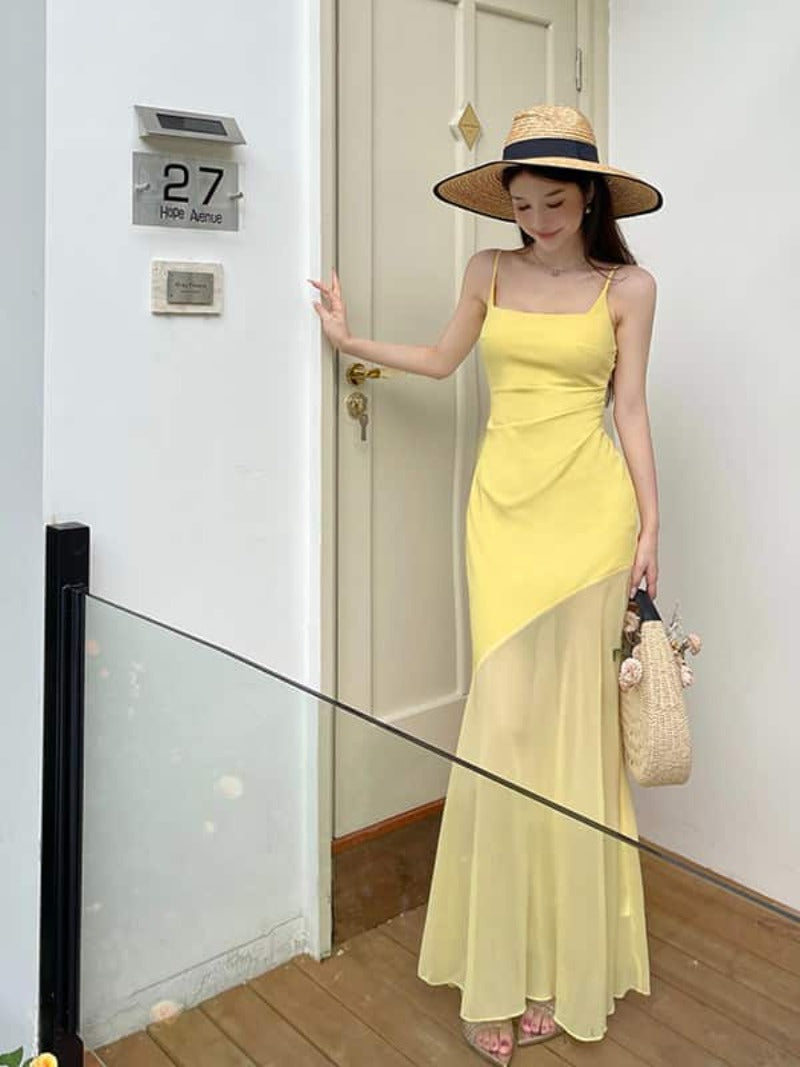 Sunlit Yellow Mesh Panel Mermaid Maxi Dress
