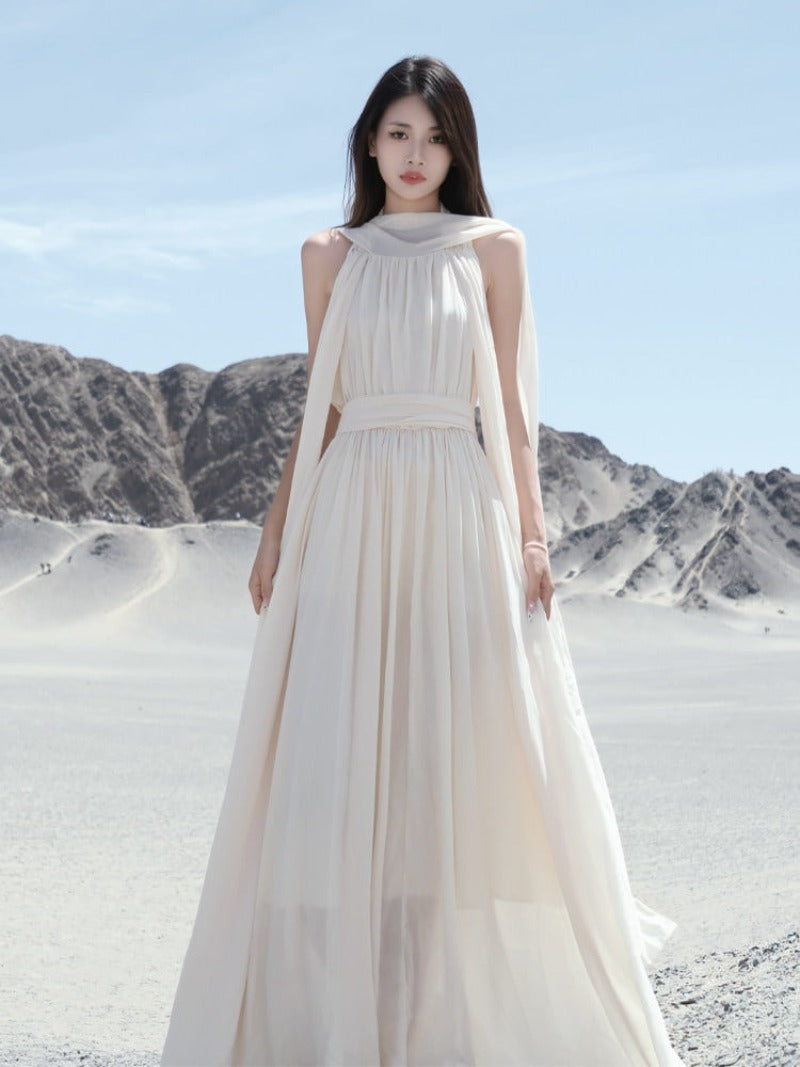 Desert Goddess Apricot Scarf Halter Backless Maxi Dress