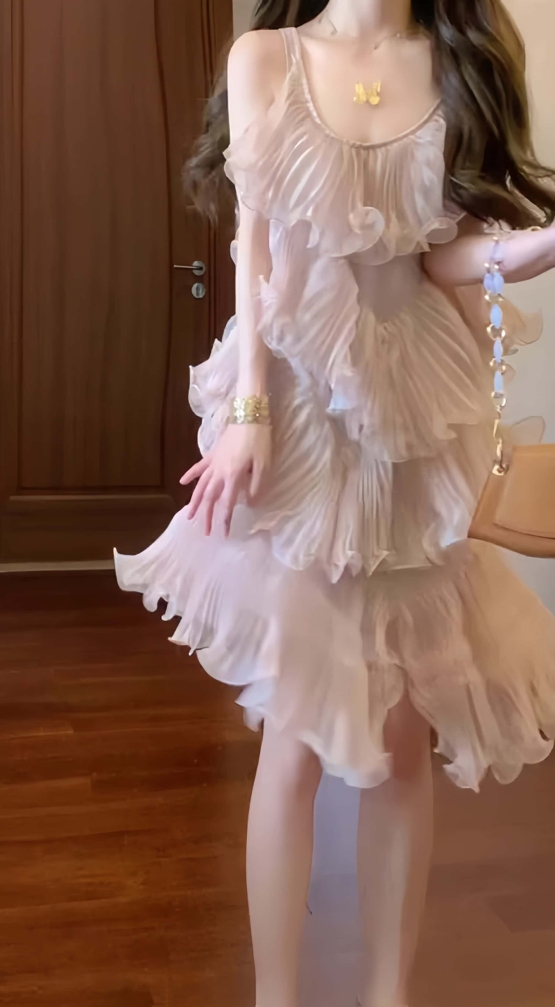Blush Pleated Ruffle Tiered A-Line Mini Dress