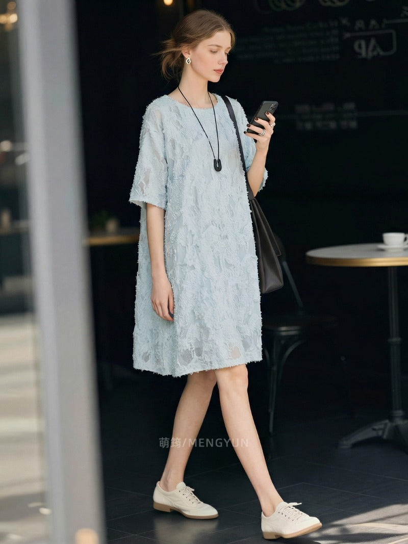 Light Blue Textured Floral Round Neck Short Sleeve Shift Mini Dress