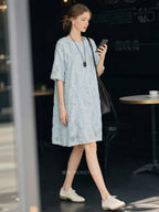 Light Blue Textured Floral Round Neck Short Sleeve Shift Mini Dress