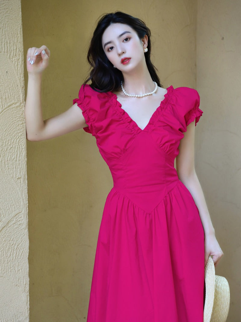 Pink/Black V Neck Ruffle Sleeve Midi Dress