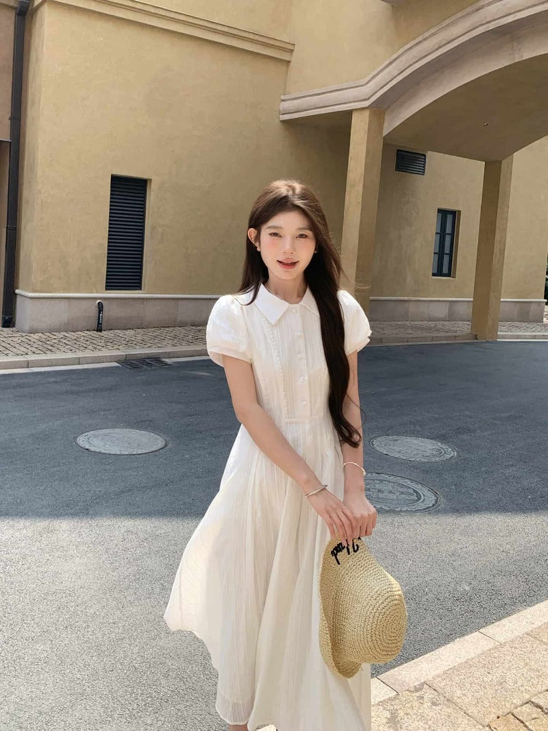 White Collared Button Front Waist Maxi Dress