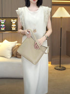 Ivory Lace Trim Flutter Sleeve Shift Midi Dress