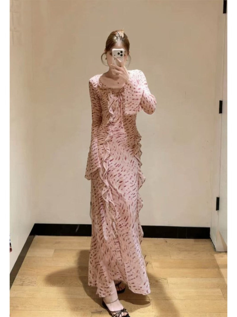 Pink Riviera Ruffle Print Long Sleeve Sheath Maxi Dress