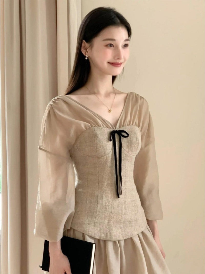 Mocha Muse V Neck Bow Corset Fit-and-Flare Mini Dress