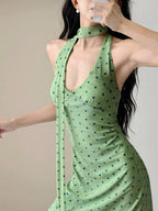 Polka Dot Halter V Neck Bodycon Mini Dress