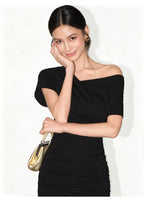 Ruched Cowl Neck Bodycon Mini Dress with Short Sleeves