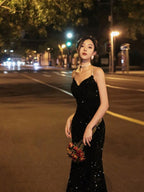 Black Sequin V Neck Fishtail Maxi Dress