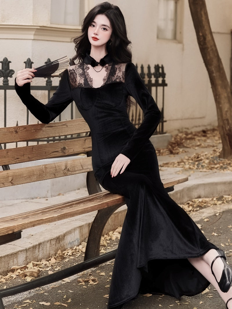 Black Velvet Lace High Neck Mermaid Maxi Dress