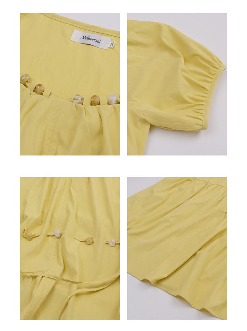 Gathered Round Neck Puff Sleeve Tie Waist Tiered Maxi Dress