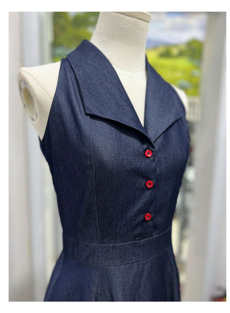 Denim Blue Collared Fit-And-Flare Midi Dress