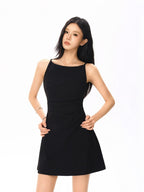 Black Straight Neck Sleeveless A-Line Mini Dress