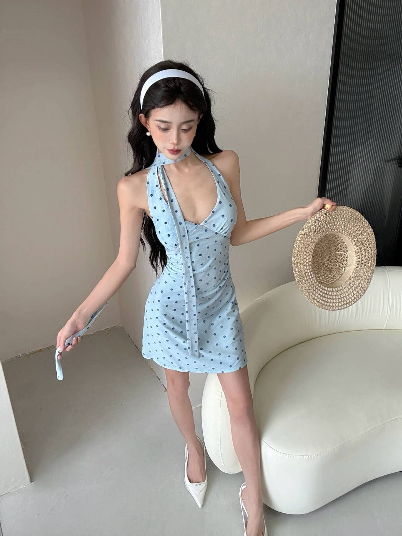 Polka Dot Halter V Neck Bodycon Mini Dress