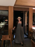 Black Gingham Strapless A-Line Midi Dress