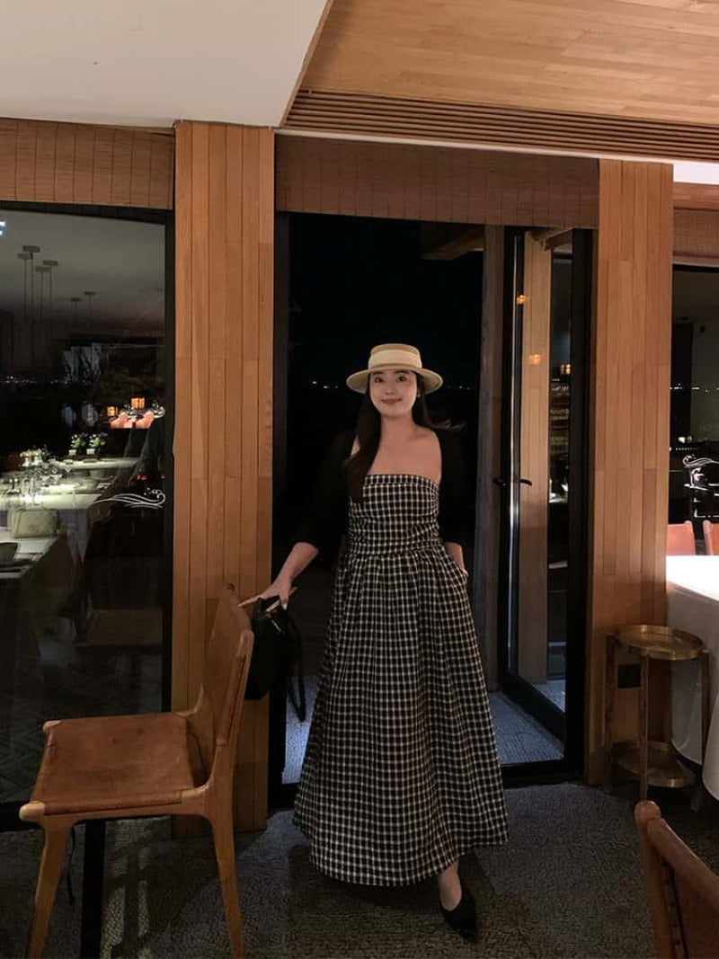 Black Gingham Strapless A-Line Midi Dress