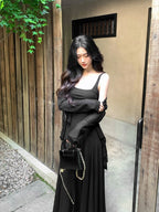 Black Backless Spaghetti Strap Tie Waist A-Line Maxi Dress