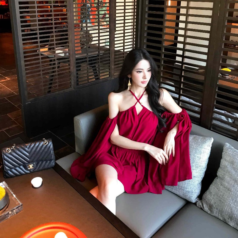 Red Off-Shoulder Draped Chiffon Mini Dress