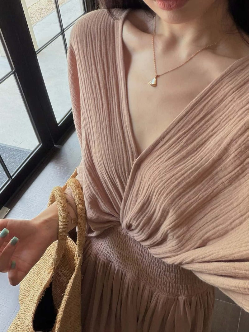 Cotton V-Neck Batwing Sleeve Maxi Dress