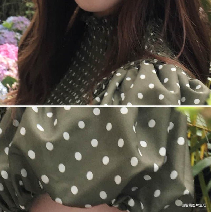 Green Polka Dot Puff Sleeve Smocked A-Line Mini Dress Main image