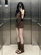Coffee Brown Belted A-Line Mini Dress Set