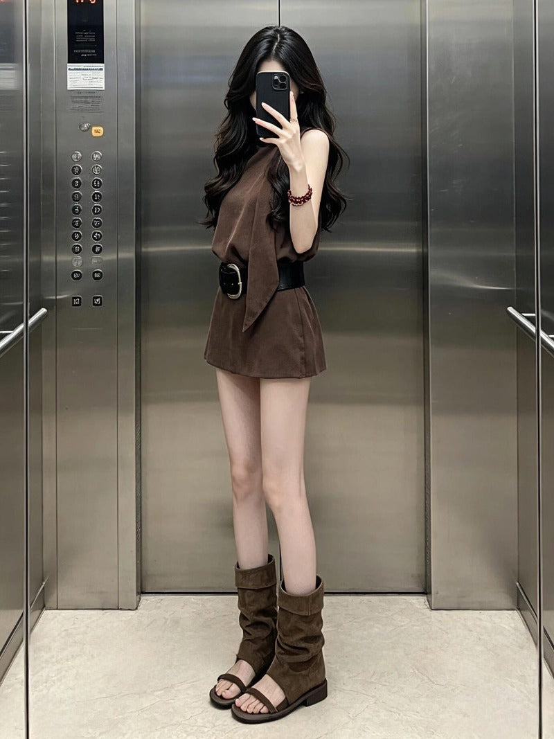 Coffee Brown Belted A-Line Mini Dress Set