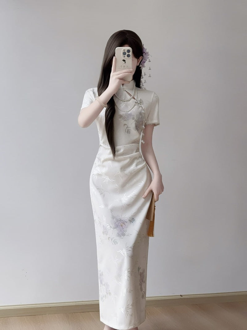 Ivory Floral Jacquard Mandarin Collar Sheath Maxi Dress