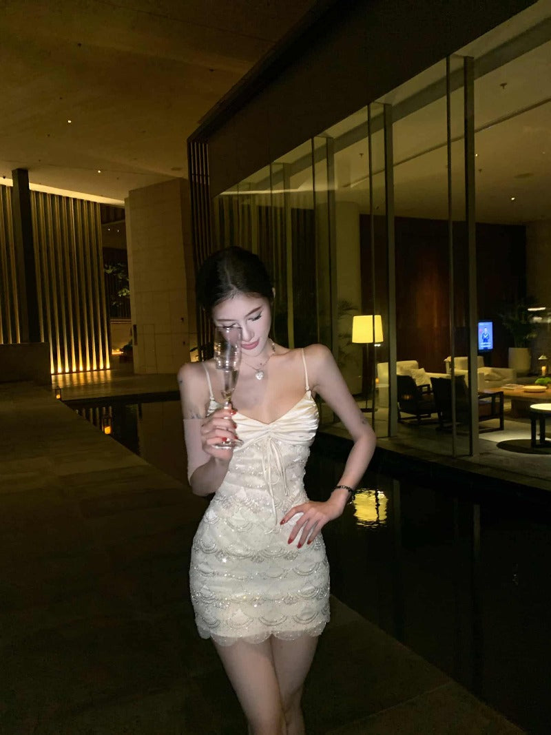 White Sultry Satin Sequin Bodycon Mini Dress Secondary image