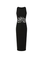 Black Round Neck Lace Waist Sleeveless Bodycon Midi Dress