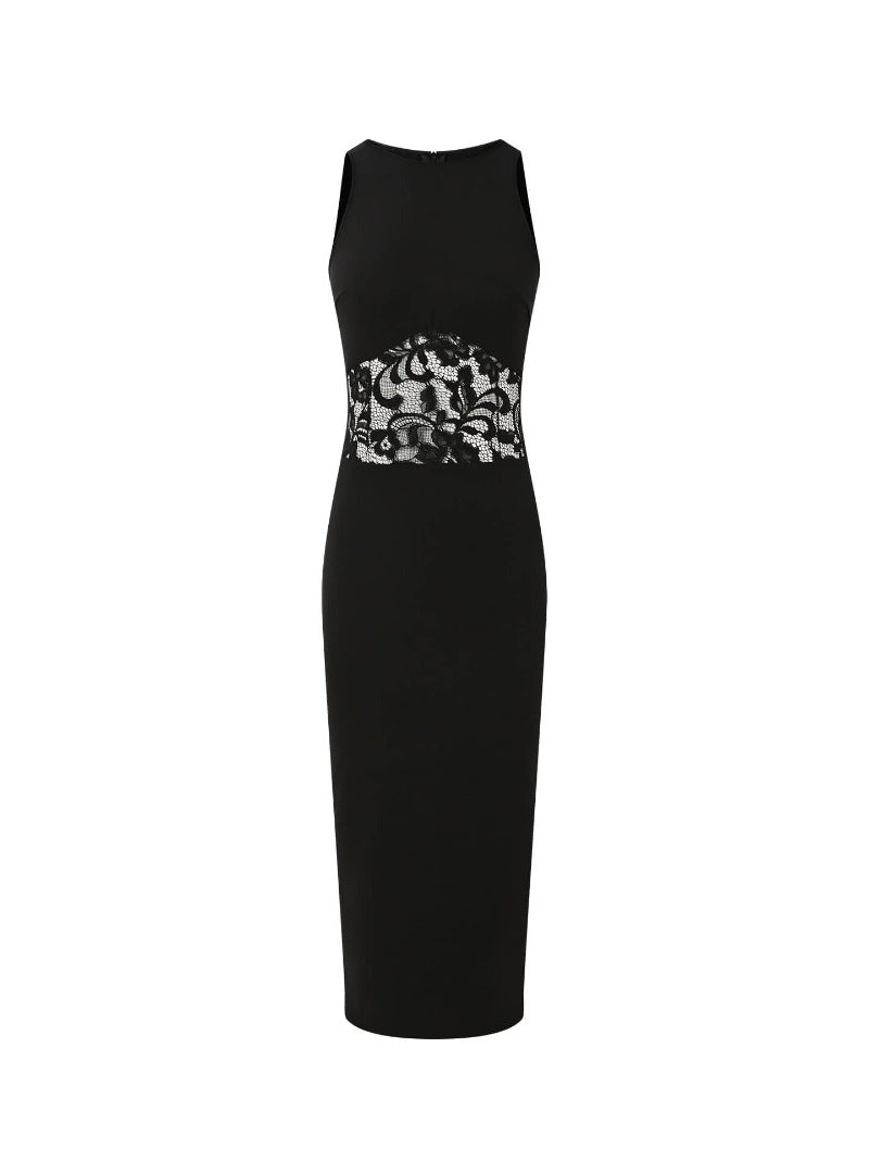 Black Round Neck Lace Waist Sleeveless Bodycon Midi Dress