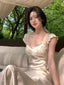 Champagne Lace-Trim V-Neck Fitted Maxi Dress