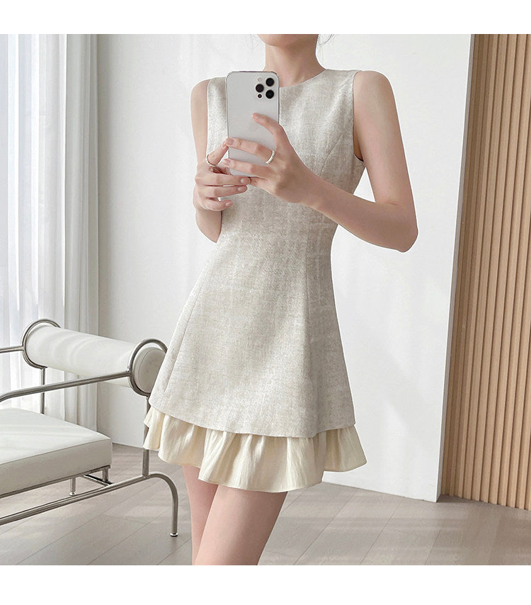 Linen Blend Ruffle Hem Mini Dress