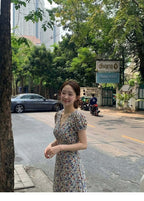 Ivory Floral V Neck Puff Sleeve Cotton Dress