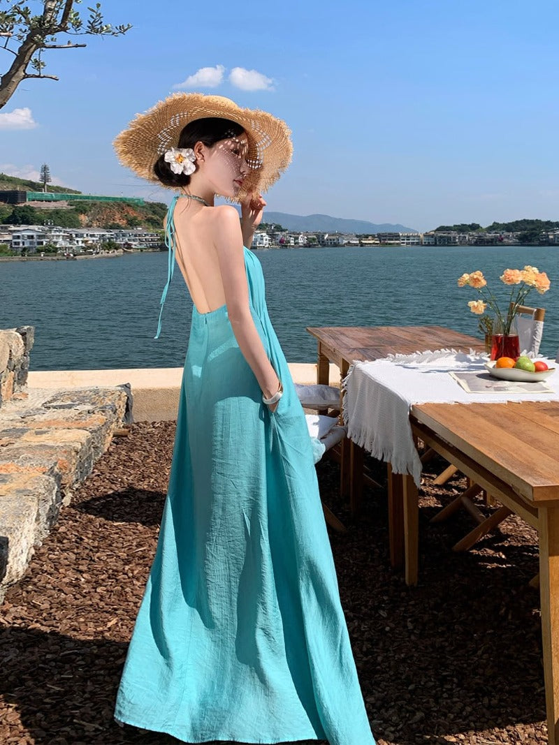 Halter Neck Backless Rosette A-Line Maxi Dress