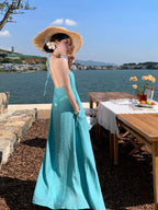 Halter Neck Backless Rosette A-Line Maxi Dress