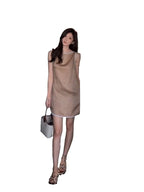 Khaki Sheer Trim Sleeveless Shift Midi Dress
