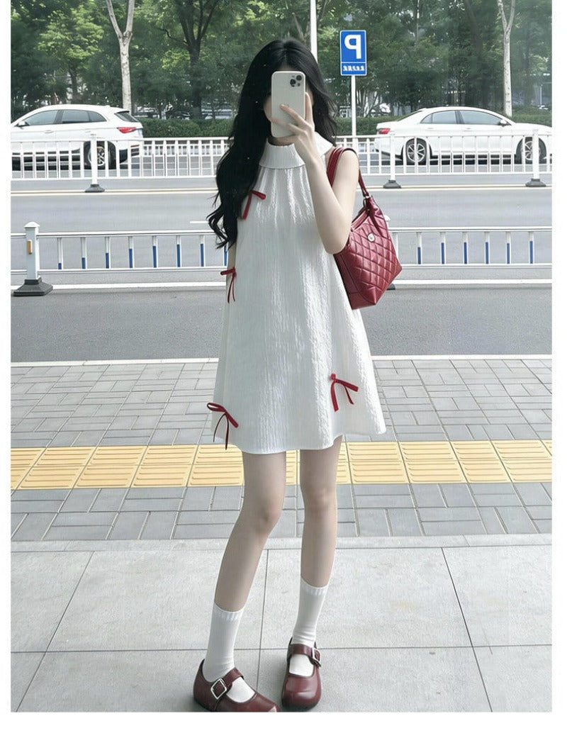 White Bow Halter A-Line Mini Dress