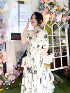 White Floral Print V Neck Belted A-Line Maxi Dress