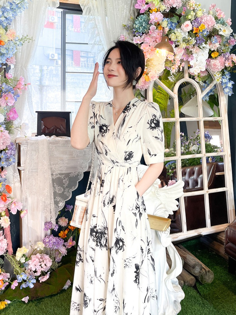 White Floral Print V Neck Belted A-Line Maxi Dress