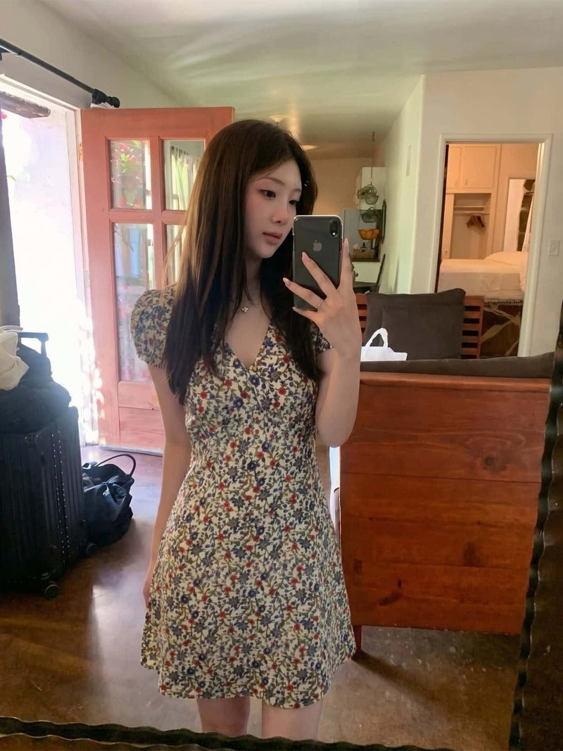 Ivory Floral V Neck Puff Sleeve Cotton Dress