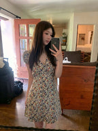 Ivory Floral V Neck Puff Sleeve Cotton Dress