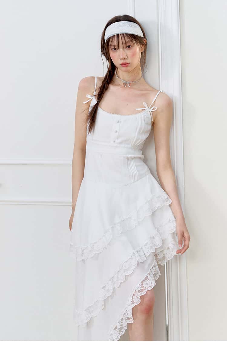 White Lace Trim Asymmetric Tiered Dress And Skirt