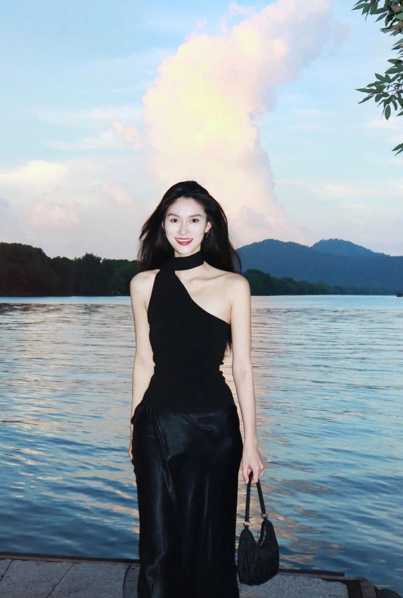 Black Asymmetric Scarf Halter Top