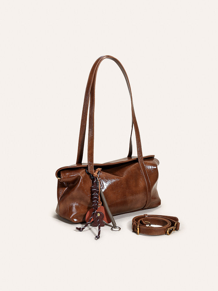 Retro Glossy Leather Shoulder Bag with Charm