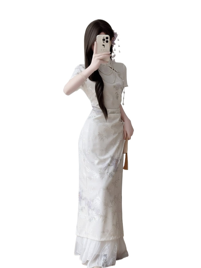 Ivory Floral Jacquard Mandarin Collar Sheath Maxi Dress