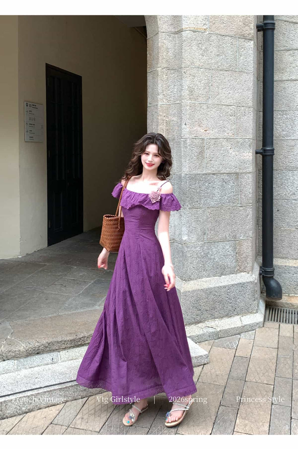 Purple Off Shoulder Embroidered A-Line Maxi Dress