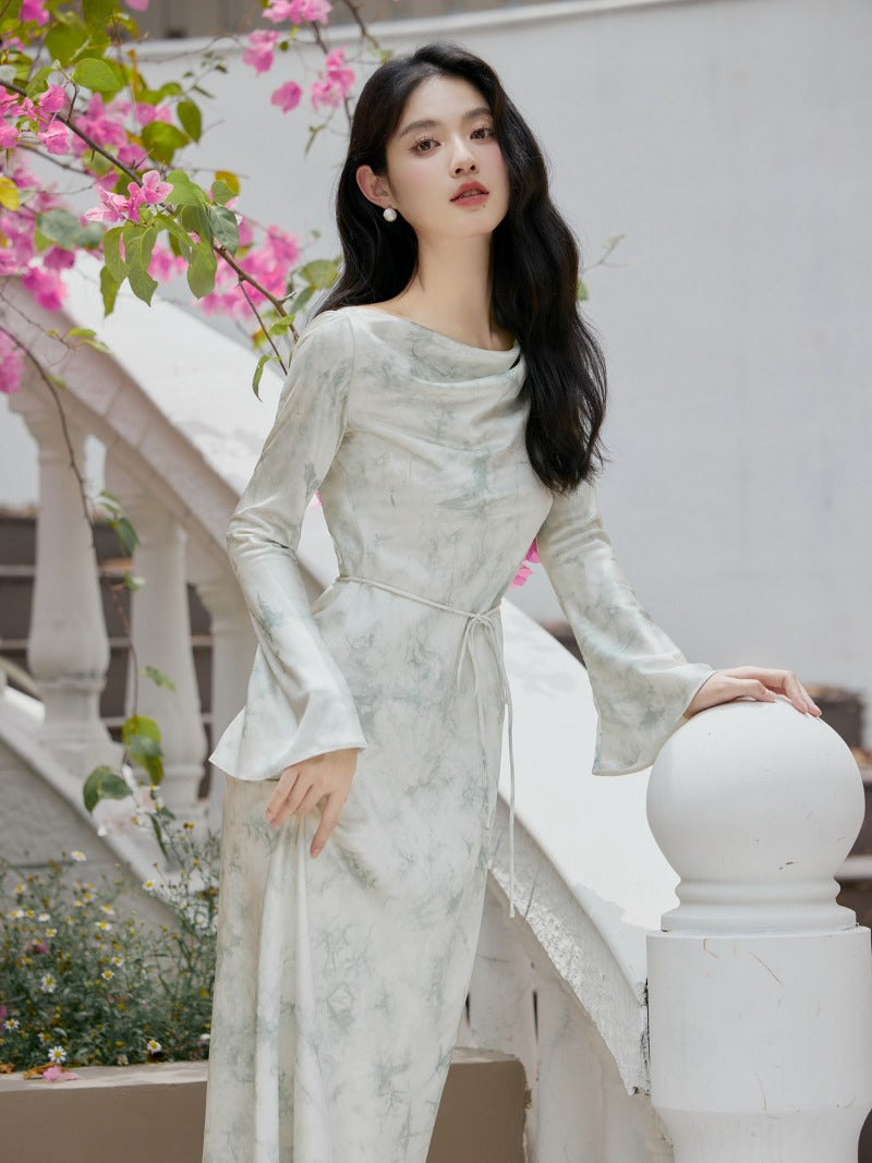 Cowl Neck Lantern Sleeve Pleated A-Line Maxi Dress