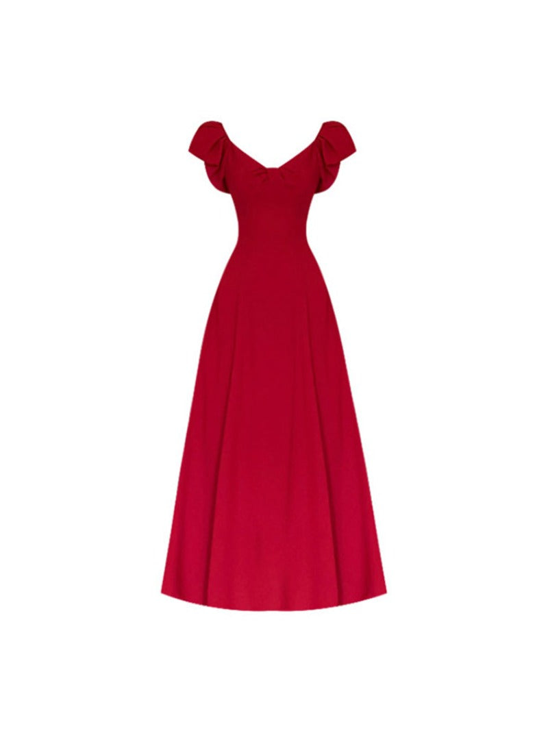 Wine Red V Neck Puff Sleeve Tie Back A-Line Maxi Dress